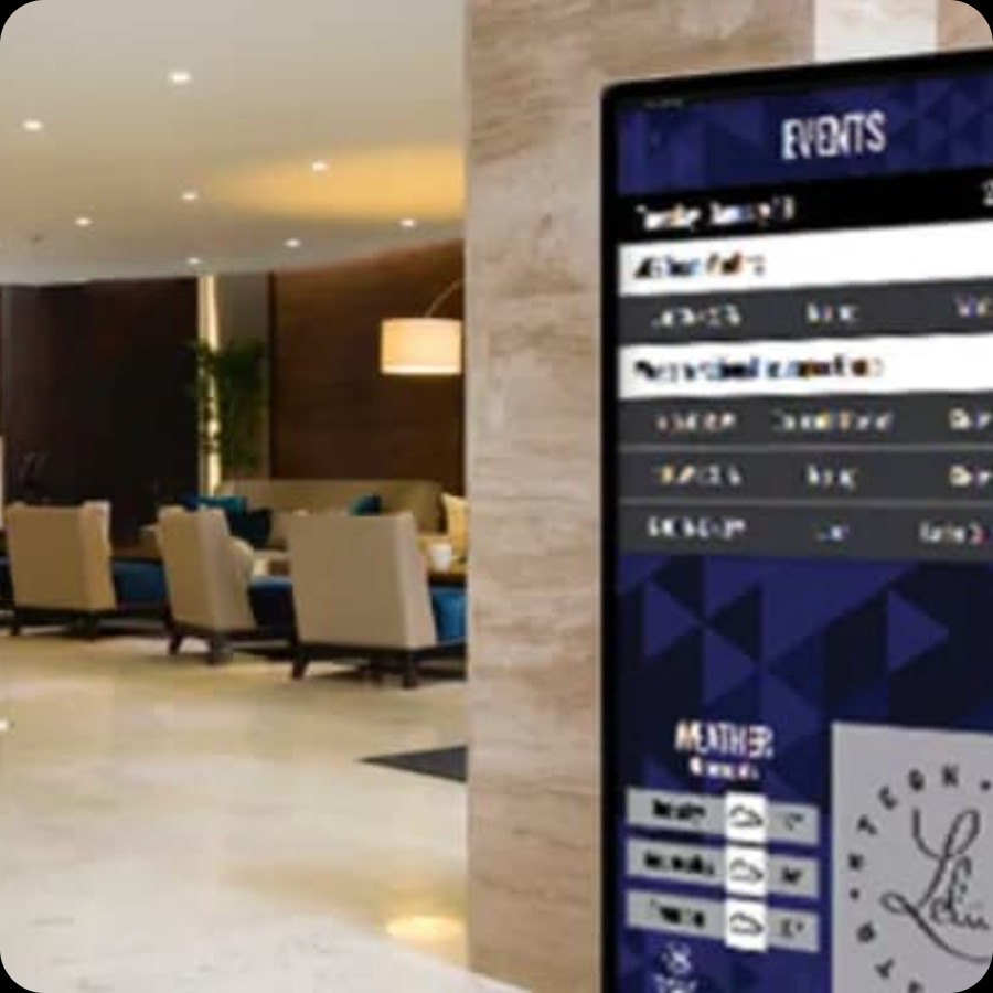 Hotel lobby with indoor event information display board for IAdea guest communication screens